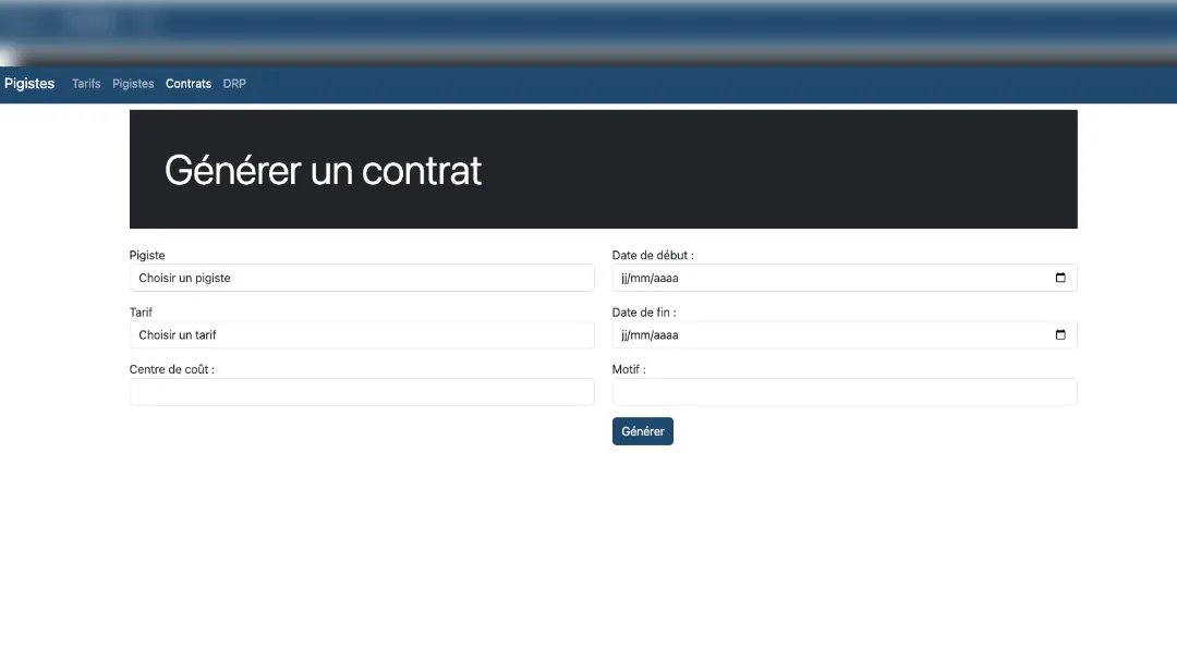 Interface de création de contrat